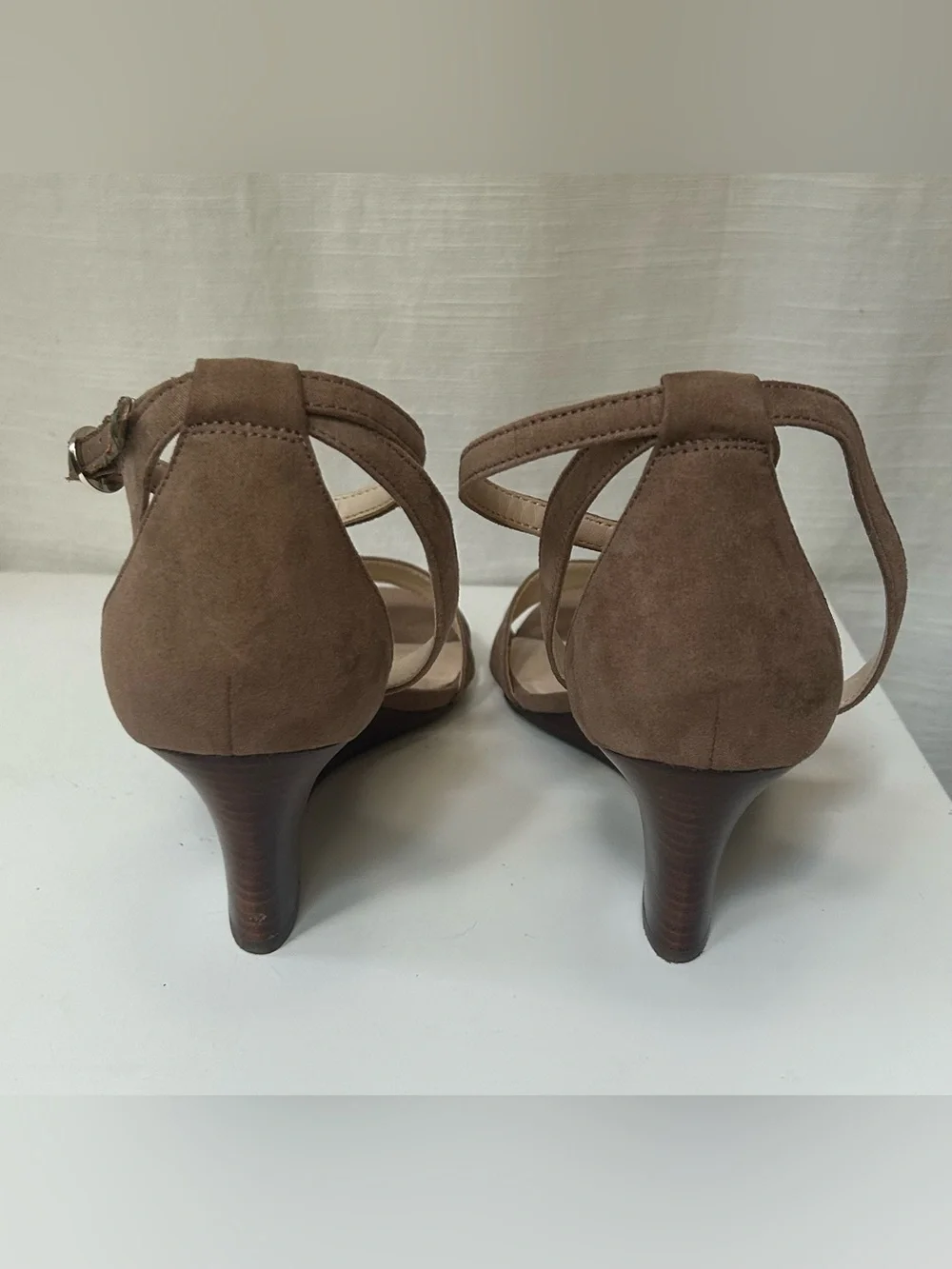 Nine West Neutral Taupe Brown Suede Ankle-Strap Wedges Sandals